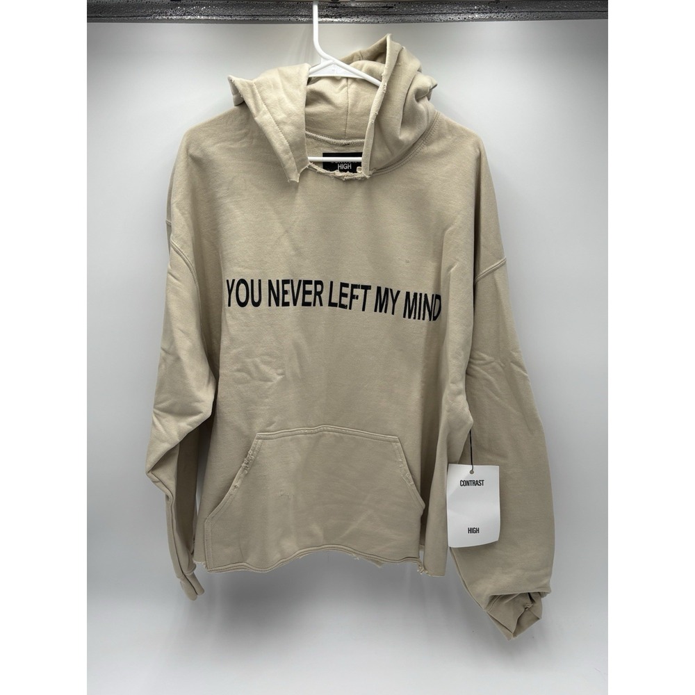 Contrast High Tan Distressed Hoodie "You Never Left‎ My Mind" Graphic L